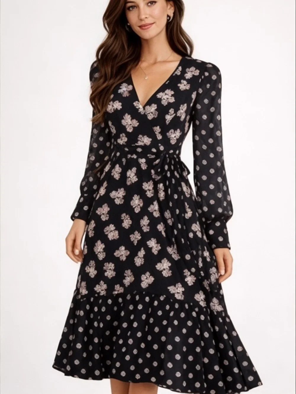 Kate Spade New York 100% Silk Black Floral Midi Dress Tassel Tie Size 0